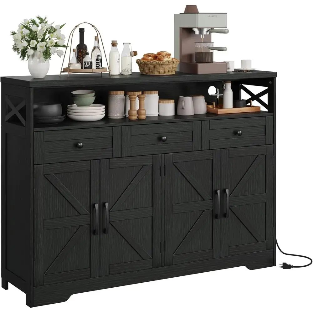 

52-Inch Large Sideboard Buffet Cabinet, Black Storage with Drawers and Shelves, Kitchen Pantry Hutch, Coffee Bar Table for Livin