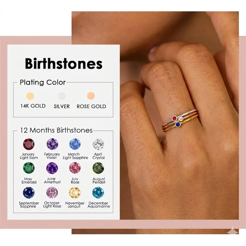 St-Delan Women's Stainless Steel Birthstone Ring — Simple, Round, Cup-Set Zirconia Ring — Unique & Minimalist Jewelry