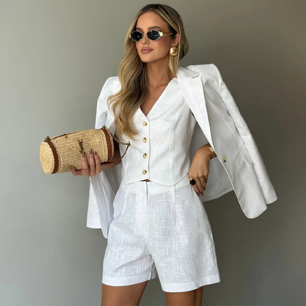 Women Cotton Vest Shorts 3 Piece Outfits Office Business Casual Suit Set Spring Summer