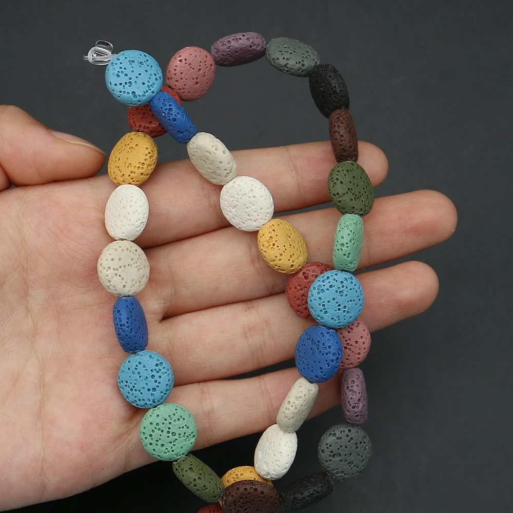 

12x12mm Flat Round Mix-color Natural Stone Bead Polished Volcanic Rock Straight Hole Necklace Bracelet Jewelry Accessory 1strand