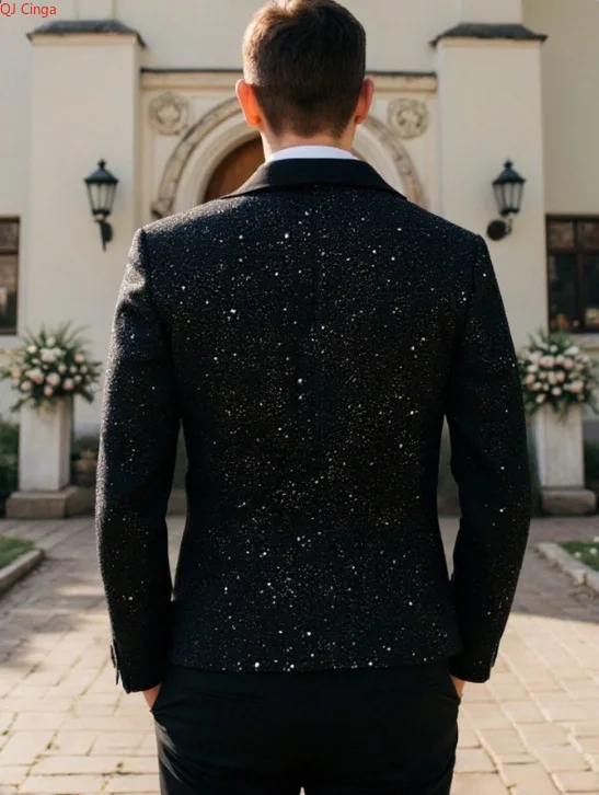 Autumn/Spring Men's Black Suit Jacket, Silver-White Speckled Blazers Coat, Wedding Party Overcoat.