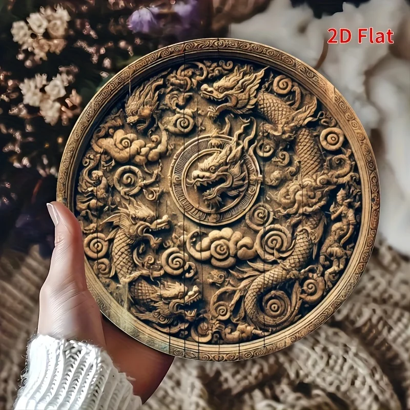2D Printed Metal Tin Sign 7.87X7.87 Inch Bali Style Myth Dragon Nature Scene Retro Iron Wall Art Home Living Room Indoor Outdoor