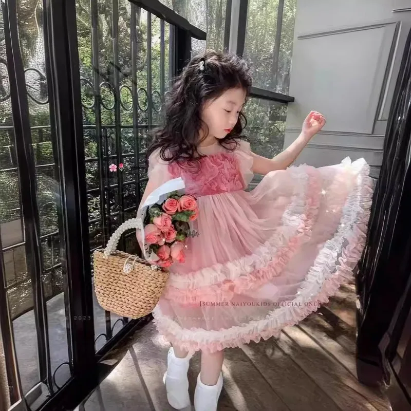 Korean Style New Summer Kids Girl Dress O-neck Cute Chiffon Yarn Pink Fashionable Cake Layered Princess Dresses K0038