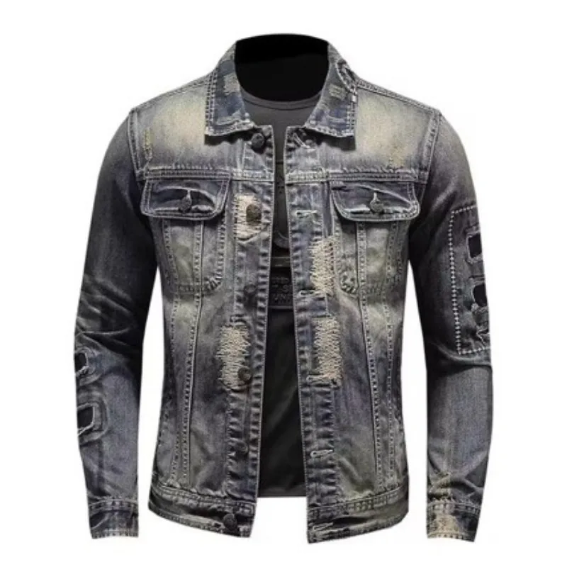 

Spring Long Sleeves Tops New Break Hole Pockets Retro Denim Coats Men's Slim Trendy Cycling Motorcycle Jacket Plus-Size 4XL Coat
