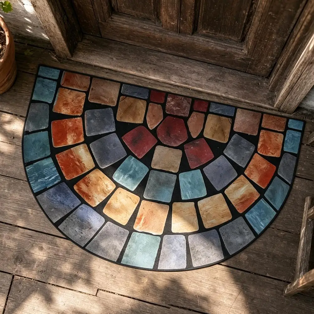 Half Round Stone Mosaic Print Doormat Non Slip Rubber Backing Low Profile Entryway Rug Machine Washable Front Door Floor Mat