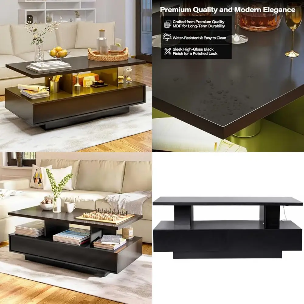 

Современный двухуровневый светодиодный журнальный столик с местом для хранения и приложением/дистанционным управлением для гостиной