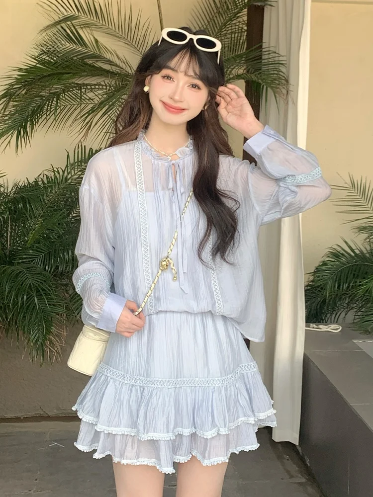 

Elan Small Size Sweet And Sal Set Women's New irt ter Vest Skirt Tee Piece Set French Sle Loose Fit High Waist