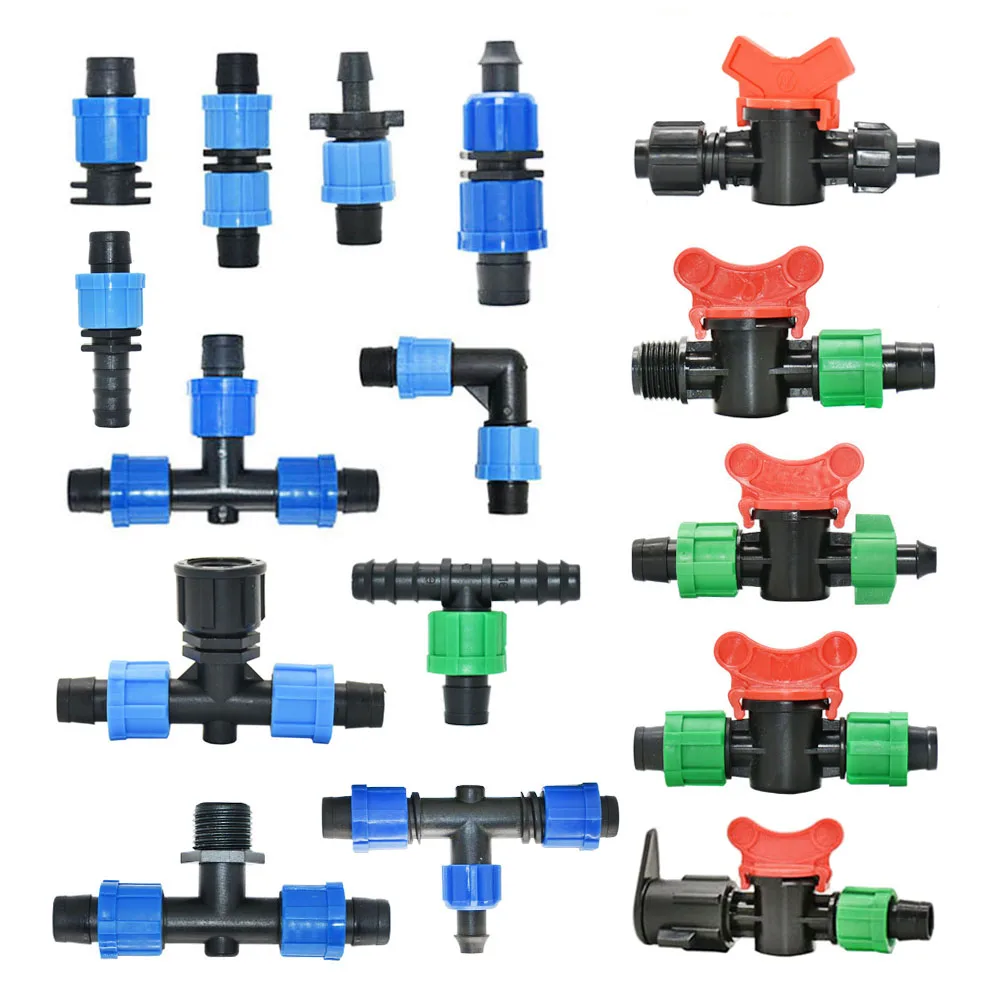 16mm Micro Irrigation Drip Tape Connectors Tee Repair Elbow End Plug Tap Fittings Locked Hose Joints Greenhouse Coupler