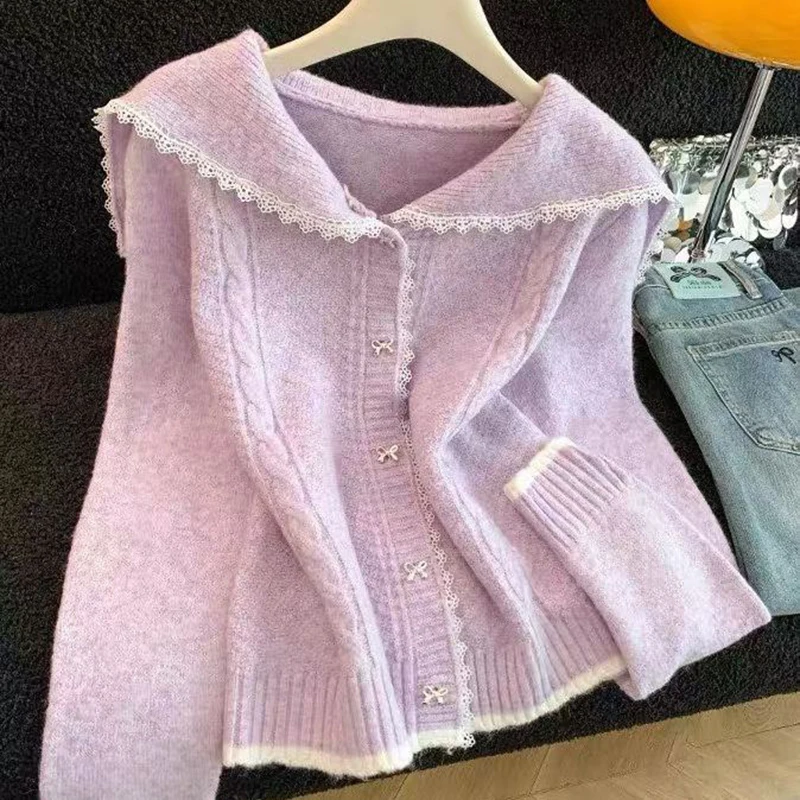 Women Sailor Collar Cardigan Lace Trim Bow Button Knit Sweater Purple Contrast Hem Preppy Coquette Long Sleeve Top