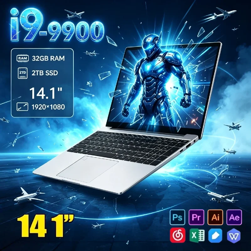 Intel Core i9 9900 14.1 Inch Slim Laptop 2026 32GB RAM 2TB NVMe SSD WiFi6 BT5.2 FHD Gaming Design Office Study Max Unit