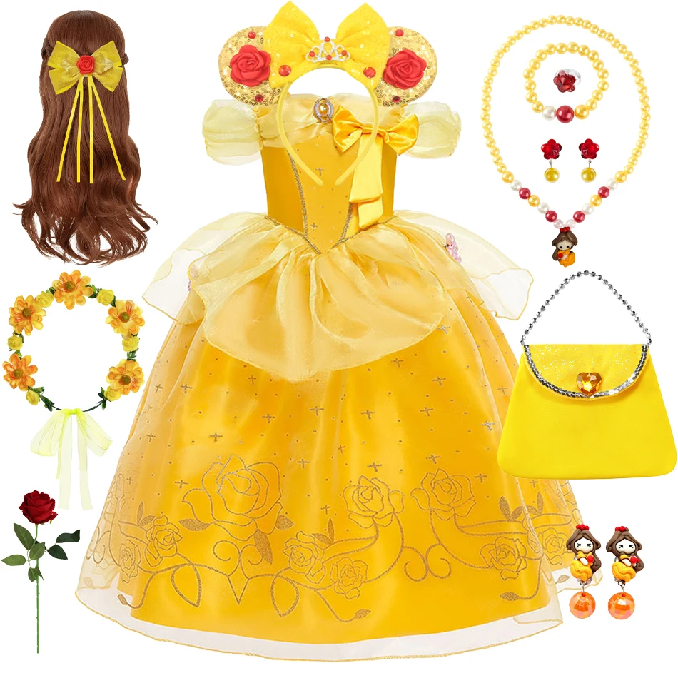 

Disney Belle Princess Dress for Girls Off Shoulder Fluffy Princess Dress Kids Yellow Ball Gown with Rose Halloween Party Outfit