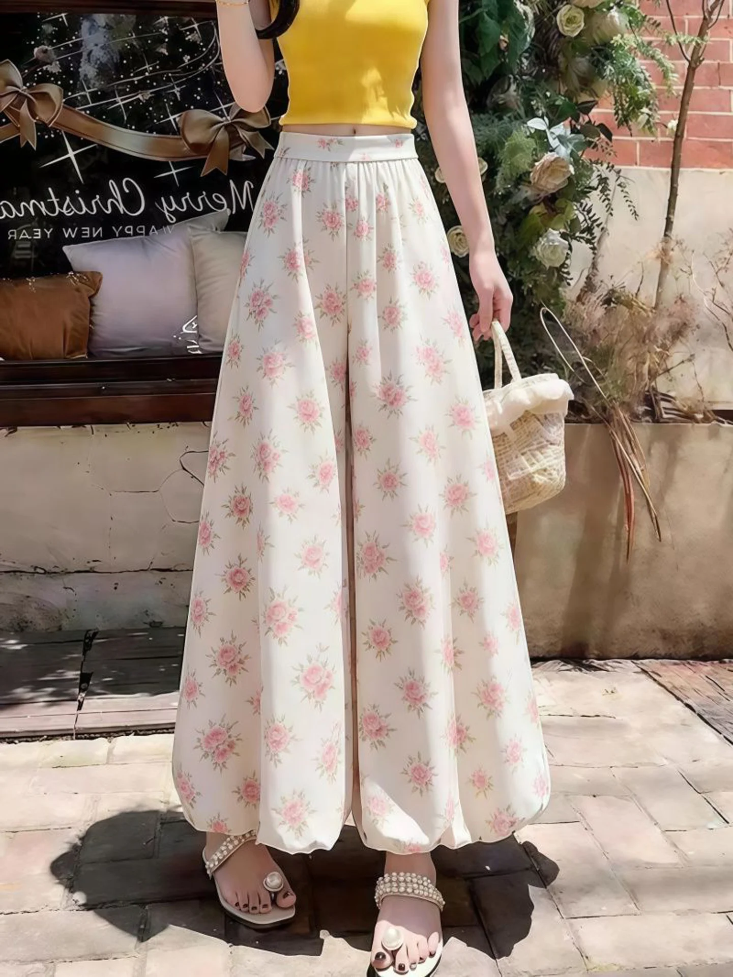 Floral Print High Waist Lantern Flower Pants Women's Casual Loose Straight Leg Trousers Sun Protection Drapey Wide Leg Pants