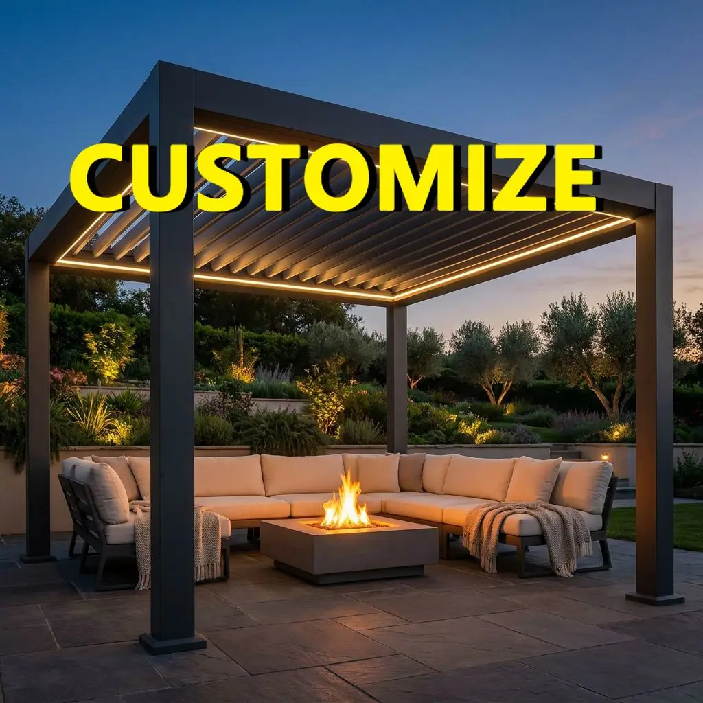 Any Size Custom App Controlled Motorized Aluminum Gazebo Cast Aluminum Private Yard Hidden LED All Season Outdoor Rest Canopy