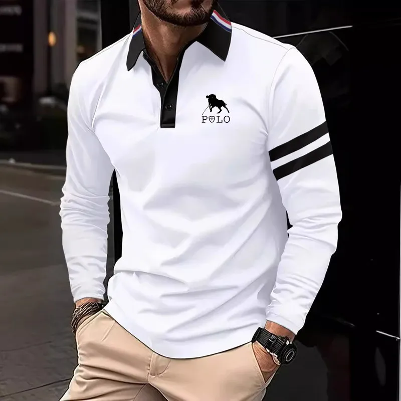 Brand new 2025 men's spring collar long sleeved polo shirt, business printed casual minimalist top