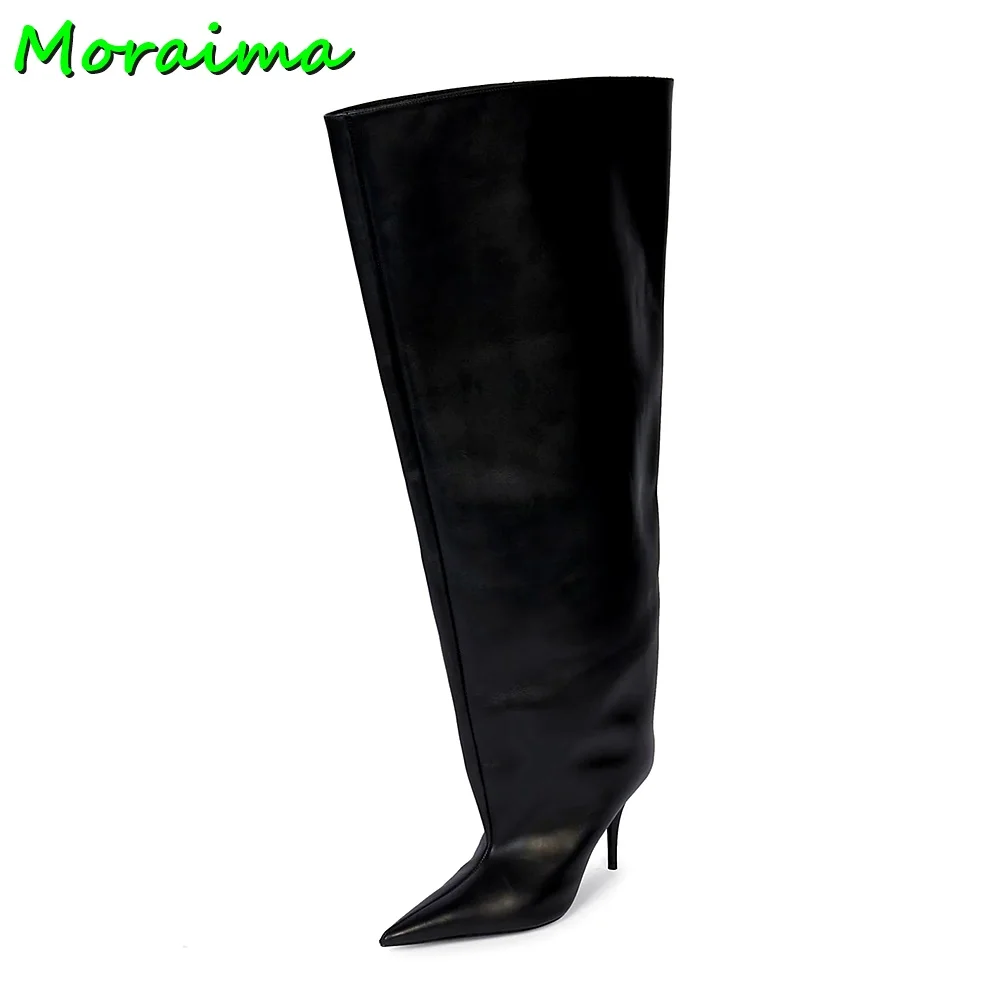 

Pointed Toe Stiletto Heel Knee High Boots Slip On Women Long Boots Genuine Leather Black Solid Fashion Autumn Winter Runway 2023