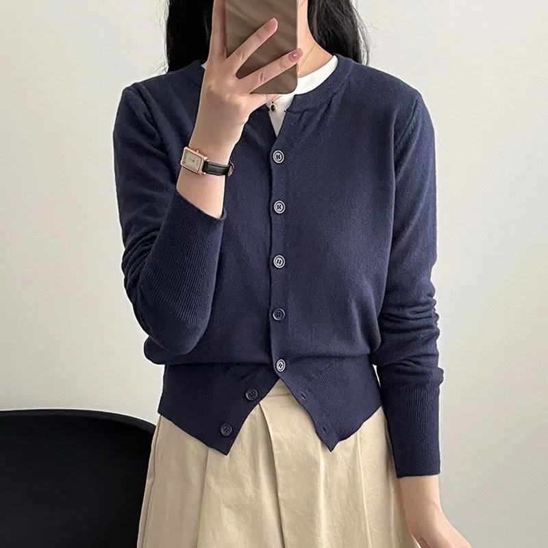

Sueter Feminino New Long Sleeve Knitted Sweater Women Cardigans White O-Neck Knit Sweater Cardigan Women Tops Knitwears Q3865