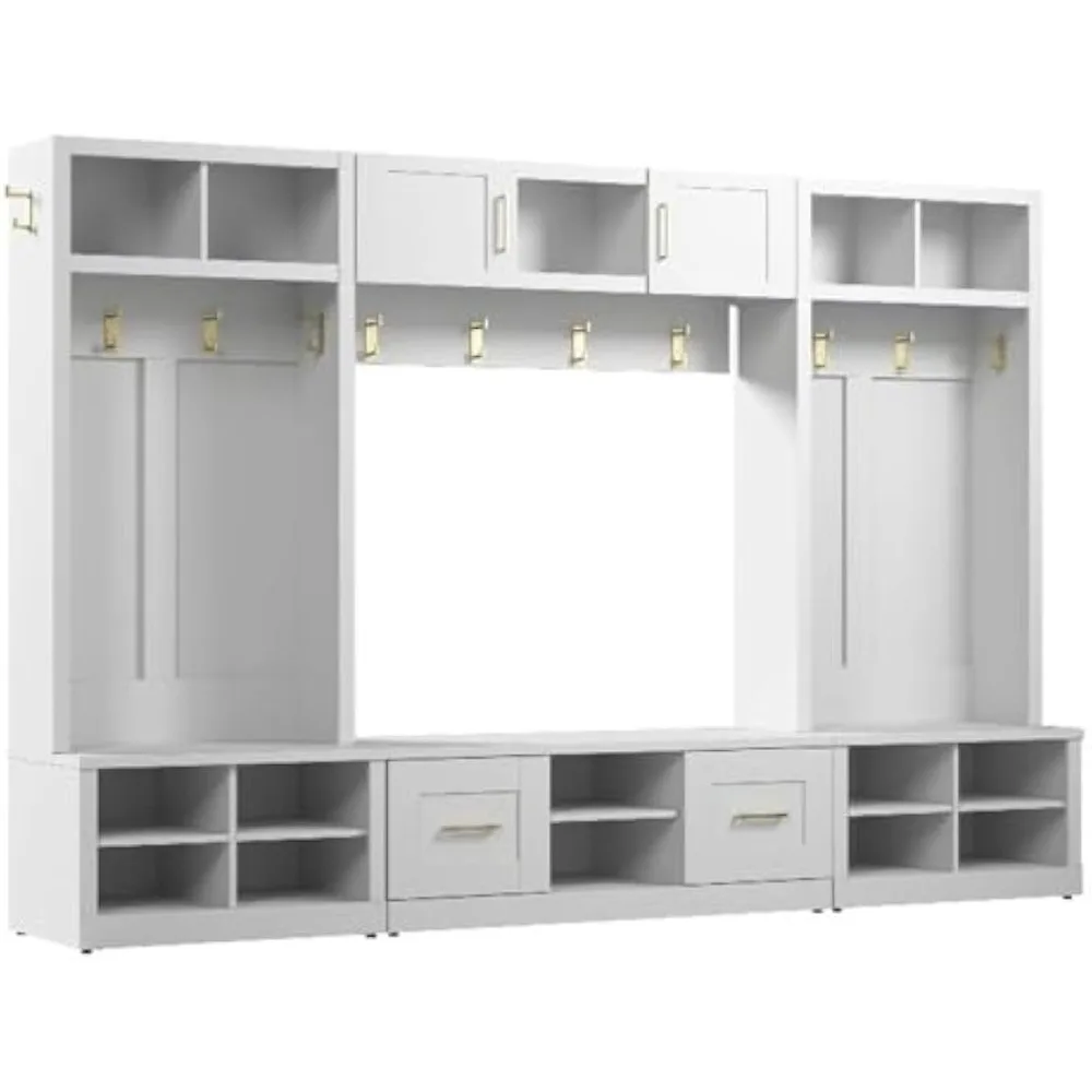 

Hampton Heights Full Entryway Storage Set with Coat Rack, Hall Trees, and Shoe Benches with Doors in White | Foyer