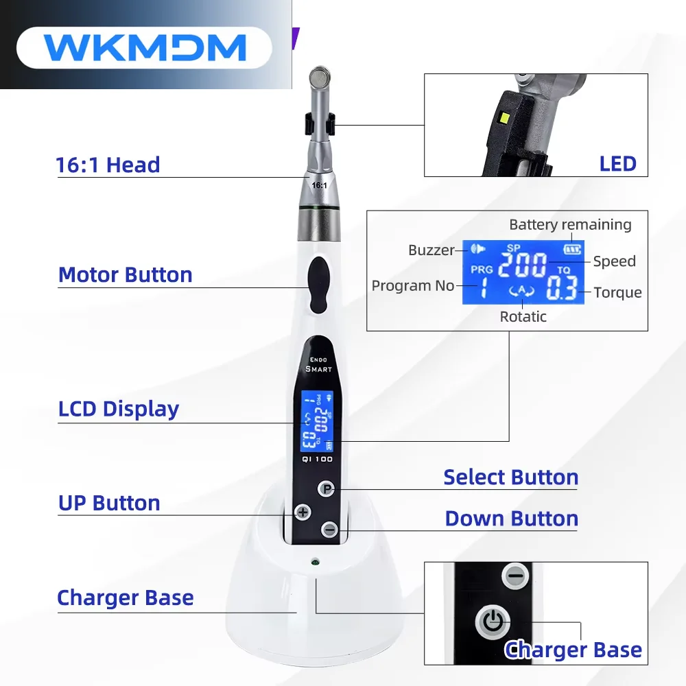 den tal Endo Motor Cordless LED 16:1 Contra Angle With Reduction Head Low Speed Handpiece den tistry  Endodoncia Treatment