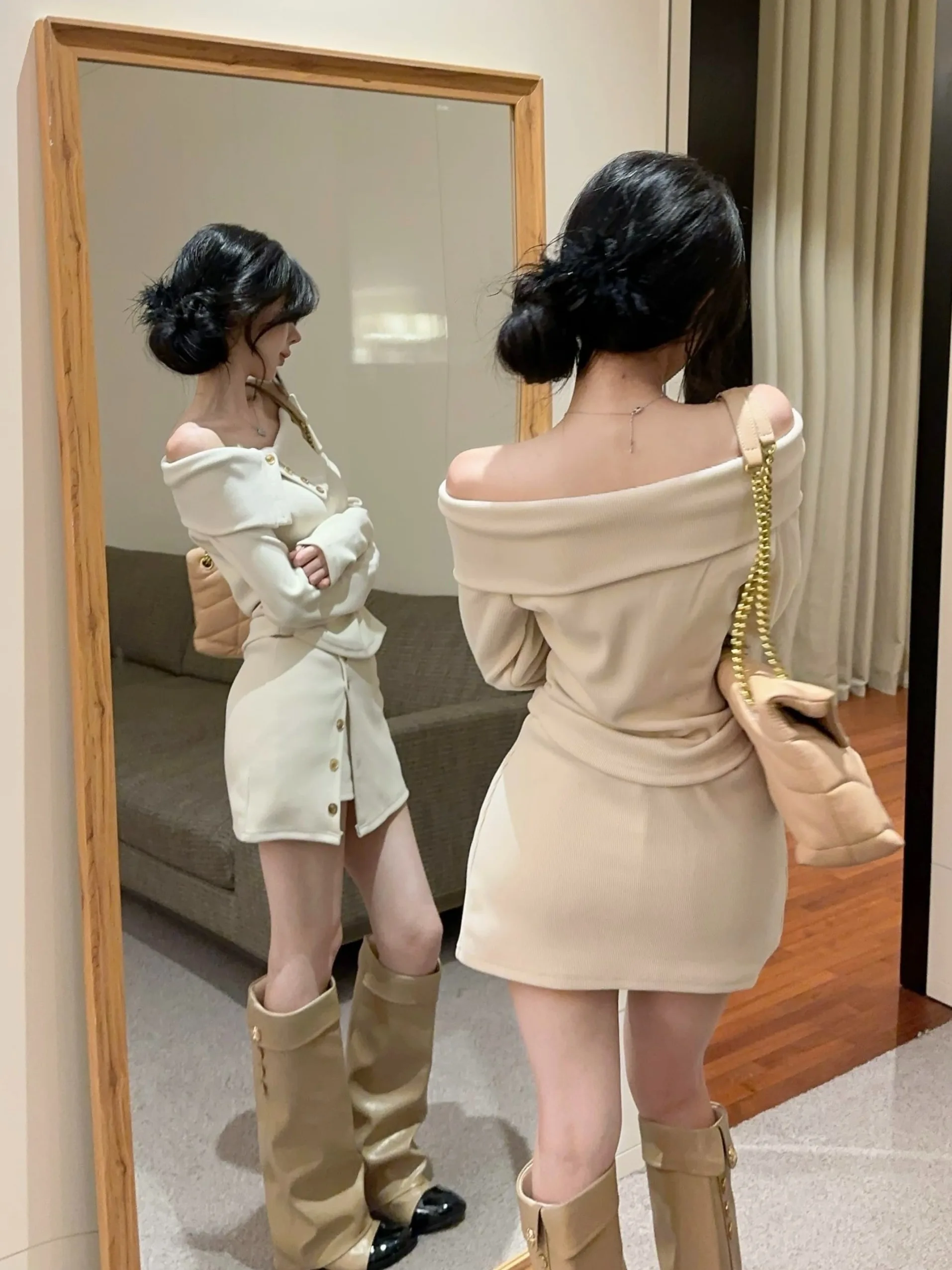 

High Waist Slimming Short Skirt Pants Set Knitted One Shoulder Split Irregular T-Shirt Sweater Women Autumn Winter Fashion Set