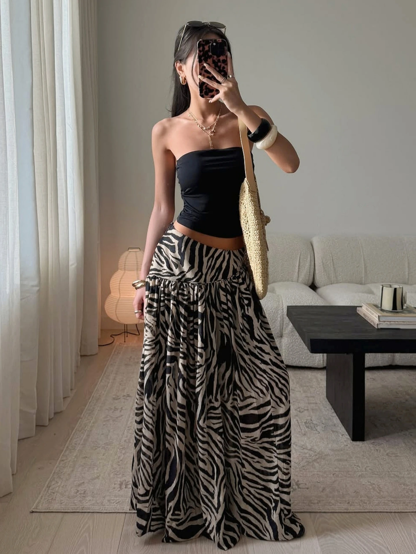 Dulzura Women'S Vintage Casual High Waist Slim Fit Animal Print Long Skirt Y2K Versatile Skirt Party Club Street Autumn Clothes
