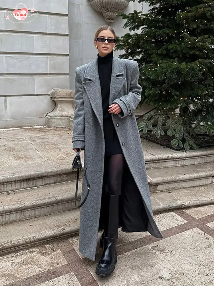 Autumn Grey Lapel Single Breasted Women\'s Long Wool Coat Chic Street Padded Shoulder Long Sleeve Jacket Female New Outerwear