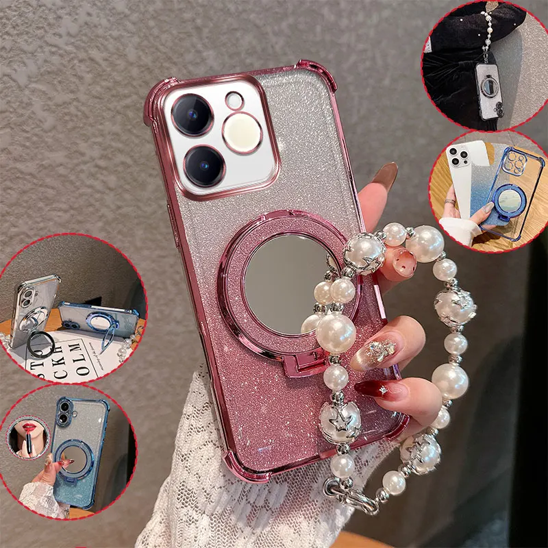 Bling Glitter Lipstick Mirror Stand Phone Case For Realme Note 70 T Narzo 80 Lite With Pearl Chain Anti-drop Shockproof Cover