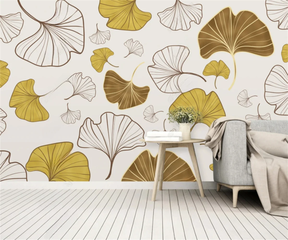 Custom Mural canvas self-adhesive relief material 3d gold gingko leaf Wallpaper home decoration living room bedroom 3d Wallpaper