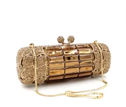 Metal Diamond Evening Bag Golden Apricot Brown Glass Diamond Clutch Bag Cylindrical Bag Luxury Designer Handbags Elegant Bag