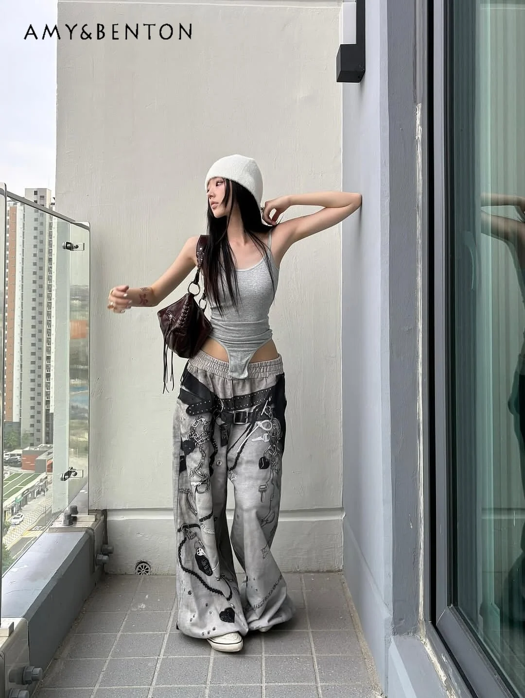 اليابانية المتناثرة نمط ثقافة فرعية الرجعية طباعة السراويل الطويلة الشارع الشرير نمط مستقيم واسعة الساق السراويل Y2K عارضة الساخن فتاة السراويل