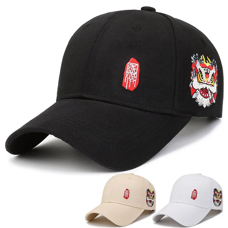 Chinese Style Lion Embroidered Baseball Cap, Heavy Embroidery Unisex Fashion Sun Protection Peaked Hat