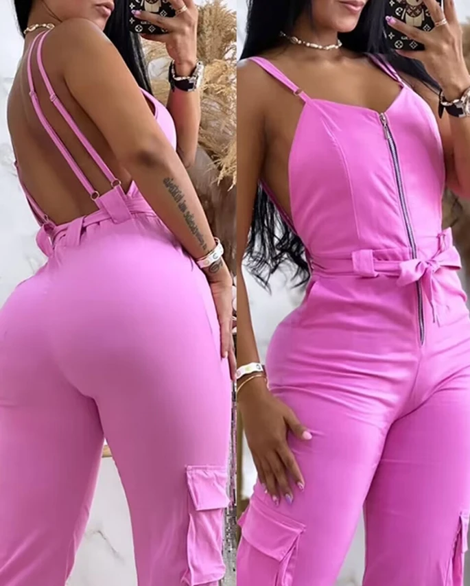 Summer Women Fashion Jumpsuit New Solid Color V-Neck Zipper High Waist Lace Up Pocket Design Backless Strap Jumpsuit Work Pants