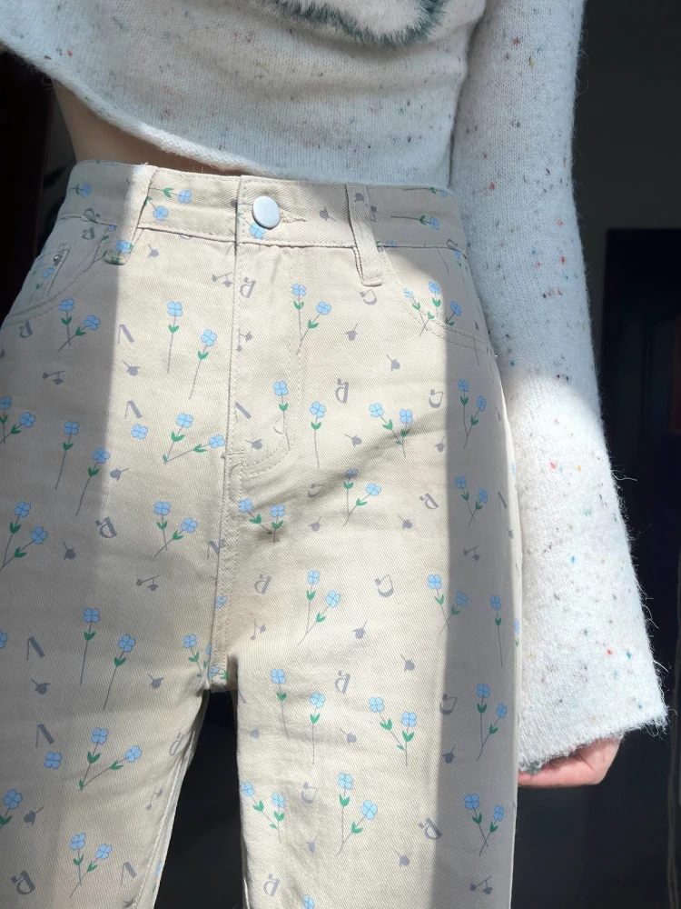 

American Retro High Waist Floral Denim Jeans Women's Spring Autumn Extended Length Slimming Tall Loose Fit Floor-Length Pants