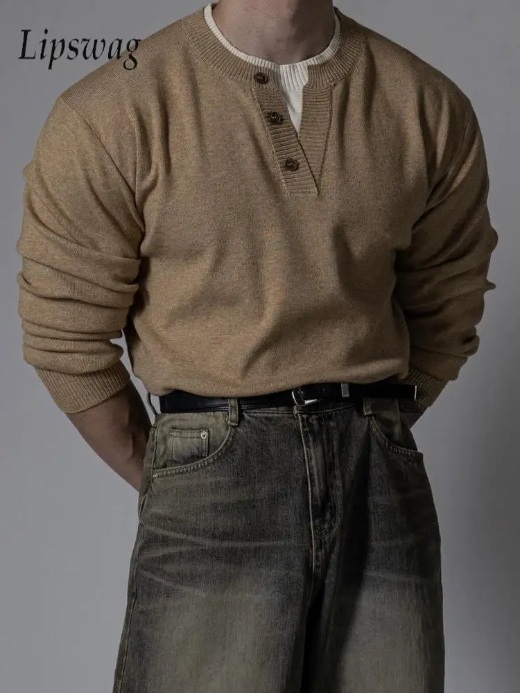 

Модные мужские тонкие вязаные футболки 2026, весенне-осенняя уличная одежда, винтажная рубашка на пуговицах для мужчин, повседневные повседневные однотонные свитера
