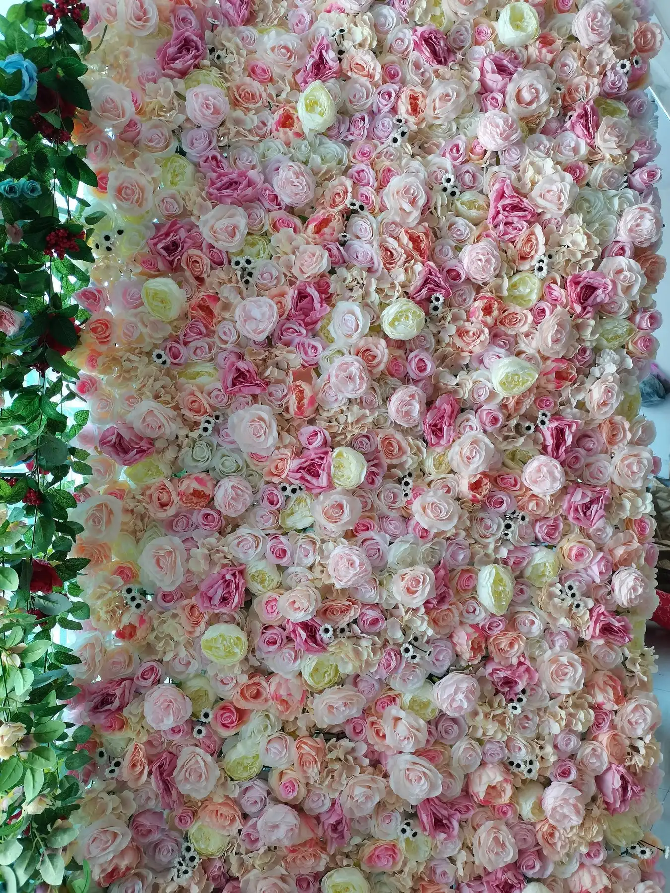 

3D Peach pink series Green rose wall Outdoor Wedding Backdrop Decor Rose Rolling Up Curtain Fabric Cloth Flower Wall Party Event