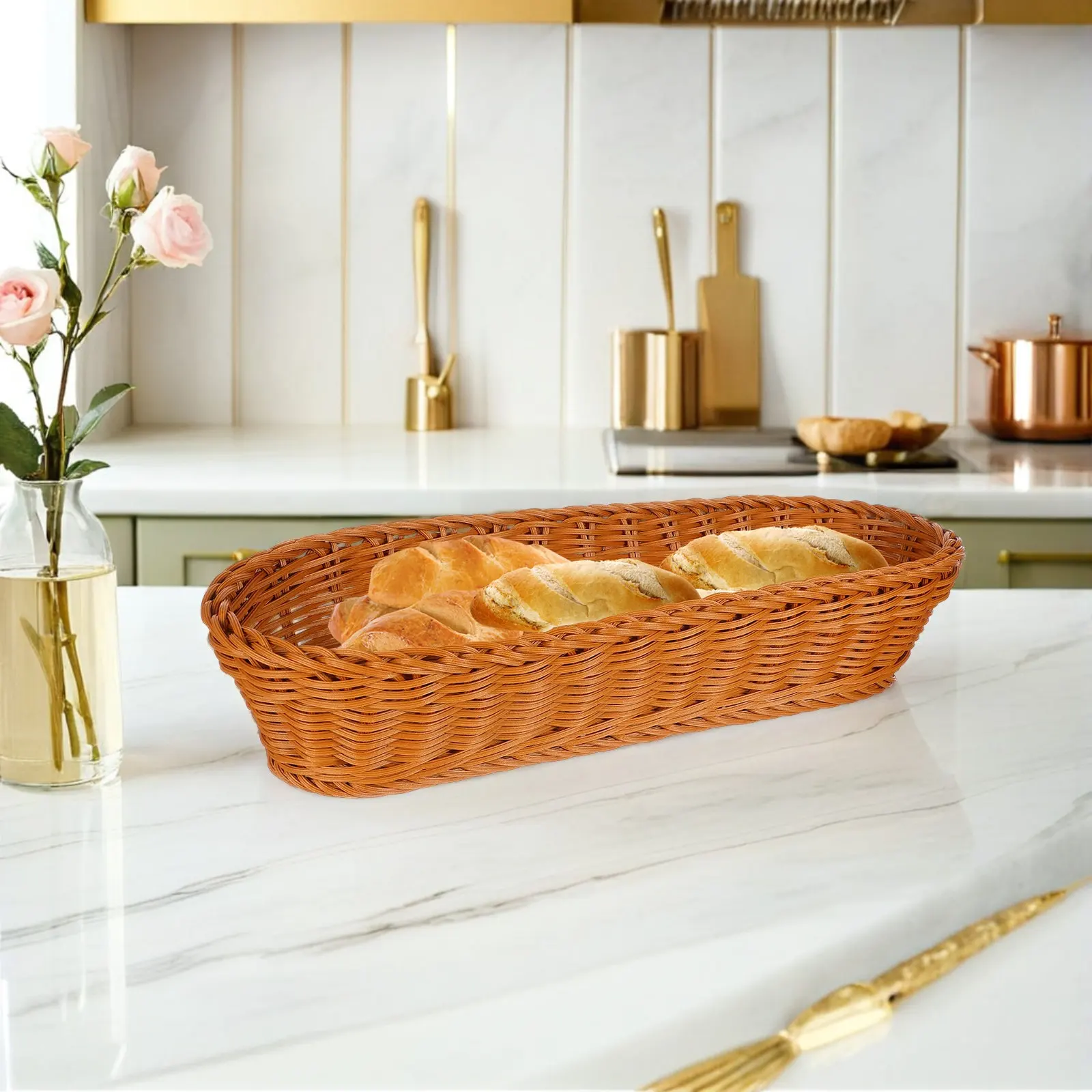 2Pcs Imitation Rattan Bread Basket Hand-Woven Storage Organizer for Fruits Vegetables Kitchen Serving Tray Food Basket