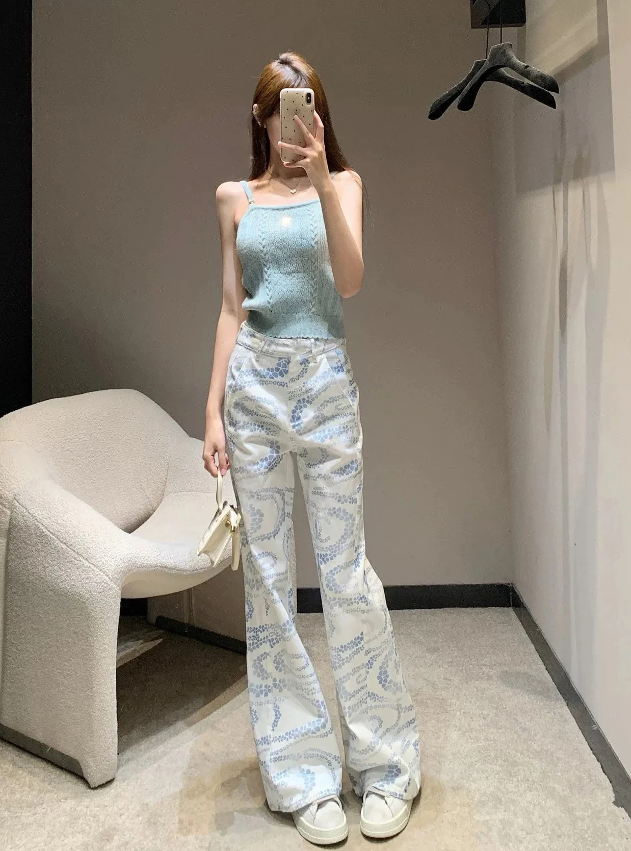 جينز نسائي أبيض مطبوع عالي الخصر وواسع الساق كوري مستقيم فضفاض غير رسمي متعدد الاستخدامات للخريف بنطلون موضة شارع العليا الجديد #3