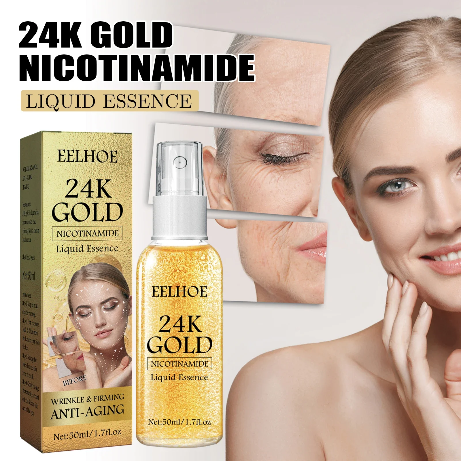 24K Gold Foil Stock Solution Spray Nicotinamide Essence Reduces Fine Line Brightens Remove Melanin Moisturizes Face Care Product