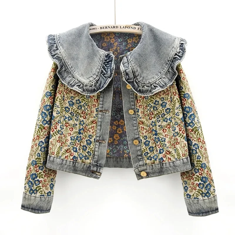 

Sweet Ruffle Vintage Jean Jackets for Women Elegant Patchwork Jacquard Denim Coats Kawaii Long Sleeve Single Breasted Top Female