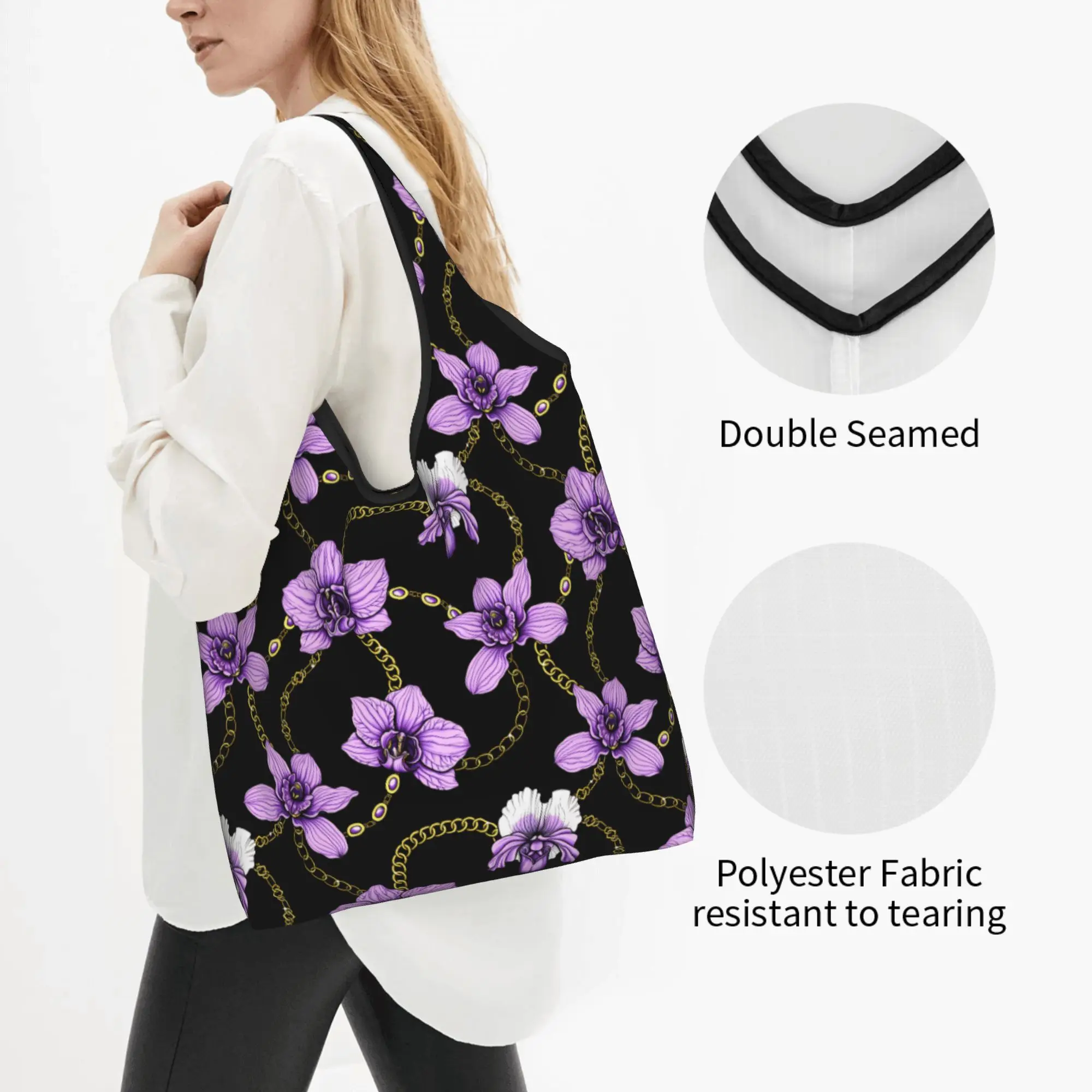 Recycling Violet Orchids Flowers Chains  Shopping Bag Women Tote Bag Portable  Groceries Shopper Bags