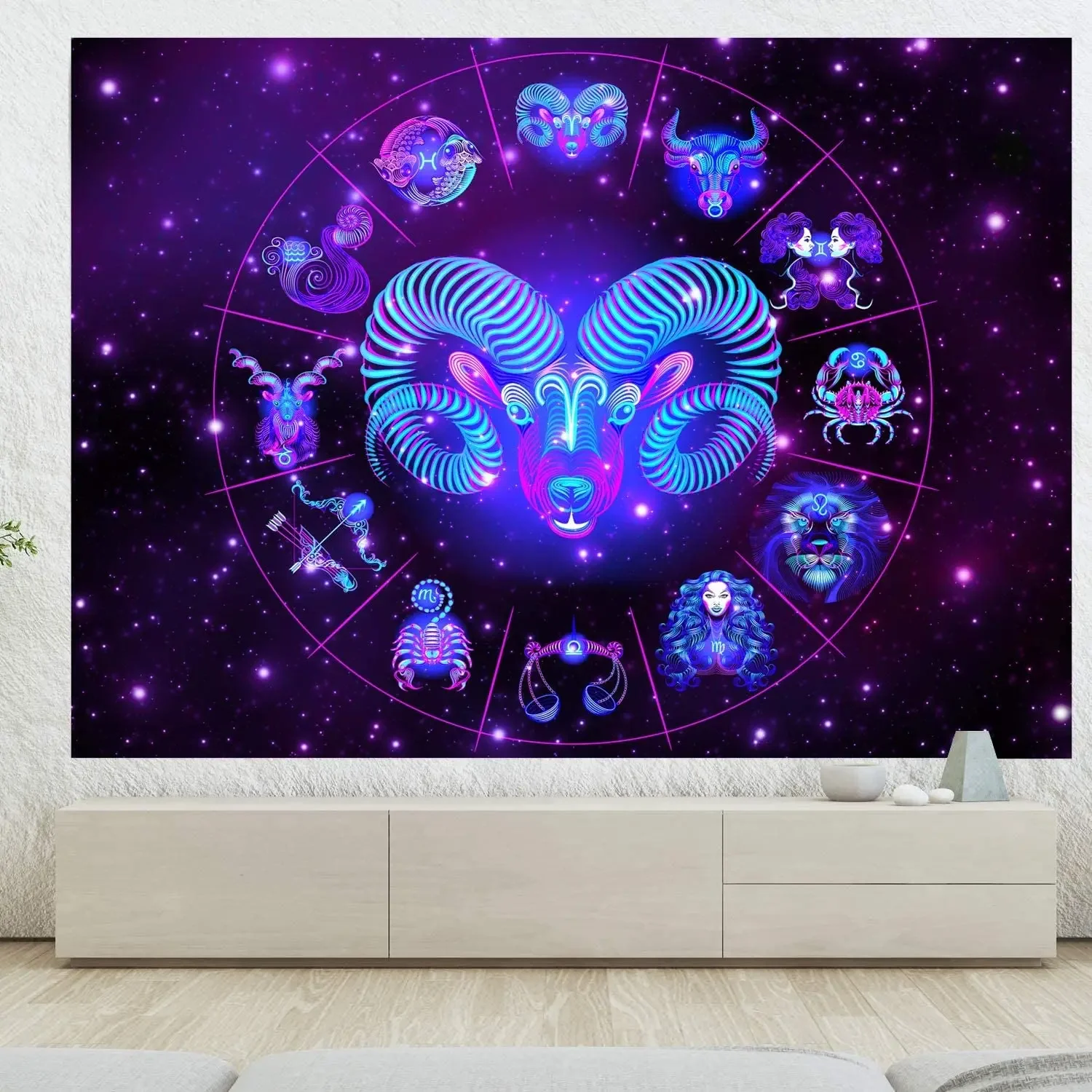 Aries Tapestry One of the Twelve Signs Purple Stars Universe Wall Hanging for Bedroom Living Room Dorm