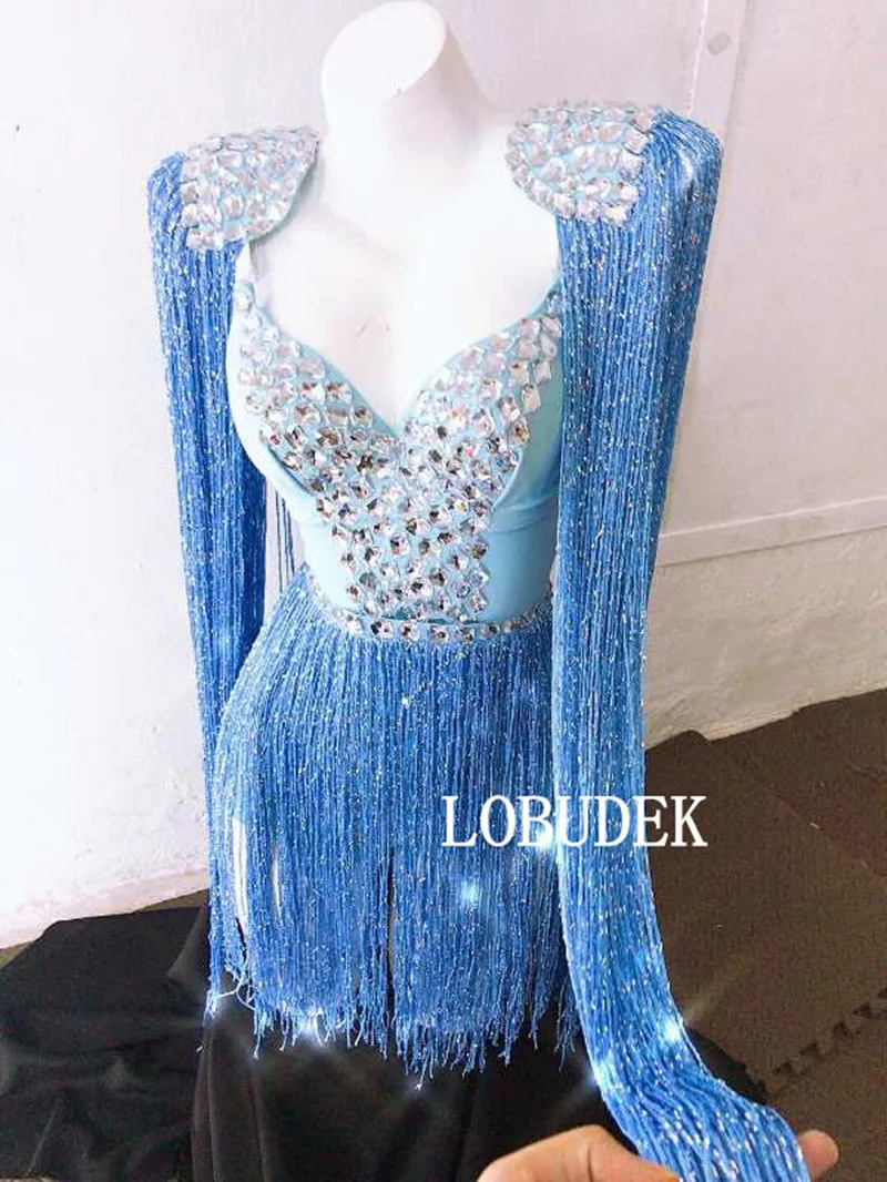여성 블루 태슬 라인스톤 섹시 바디수트 가수 댄서 무대 의상 핑크 나이트클럽 바 파티 무대 의상 프린지 코스튬