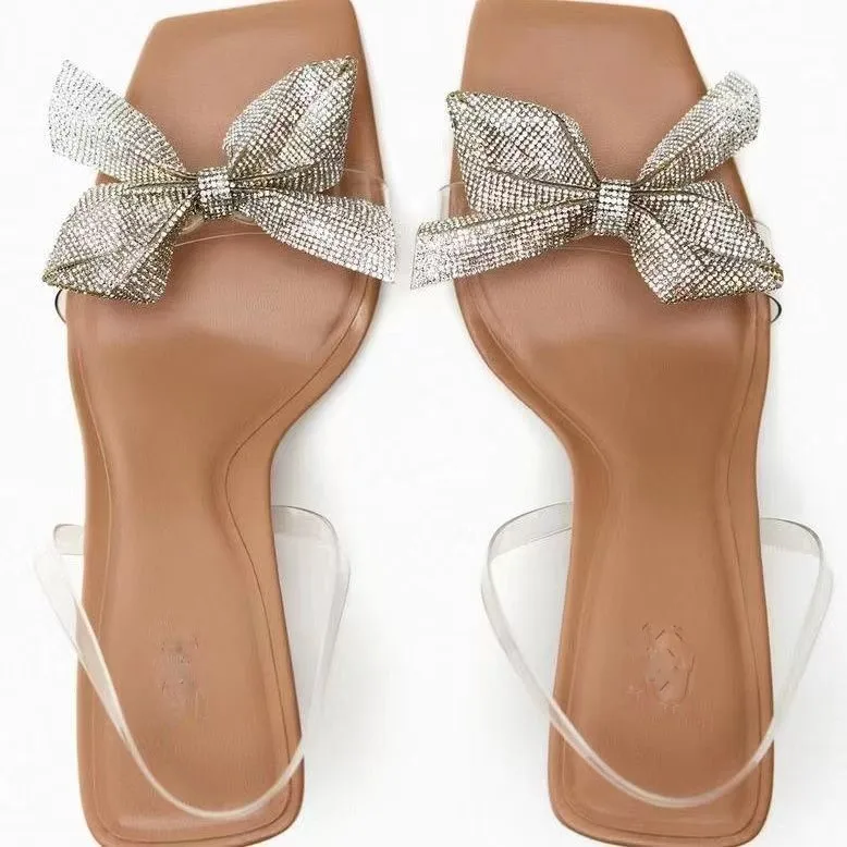 2023 Summer New Transparent PVC Fashion High with Sandals Fine with Bow Outside Wear Slippers Square Head women shoes