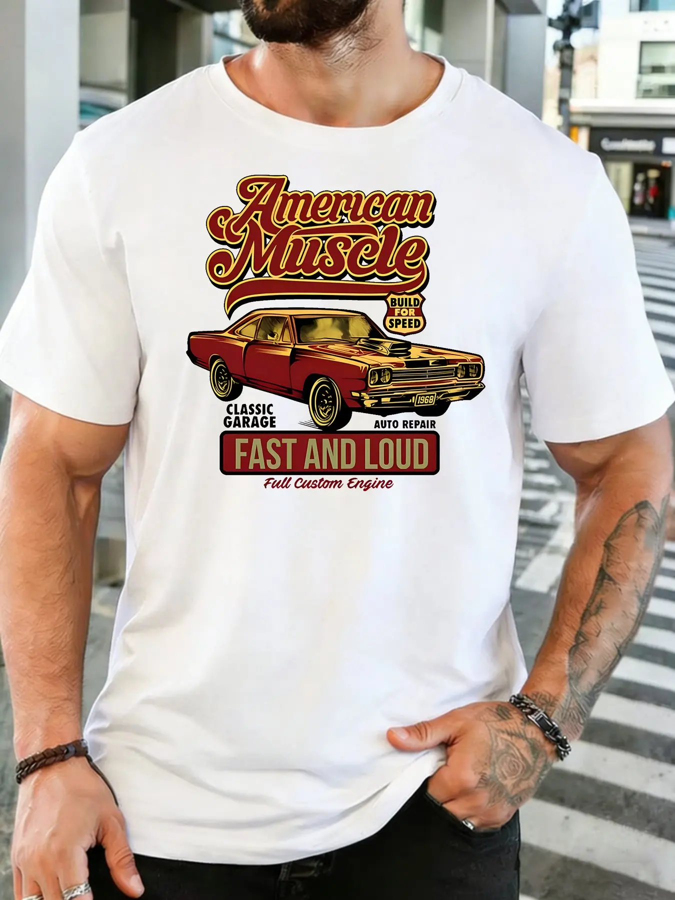 Mens Soft Cotton Tee Vintage American Muscle Car Fast And Loud Garage Graphic O Neck Short Sleeve Loose Casual Auto Fan Top
