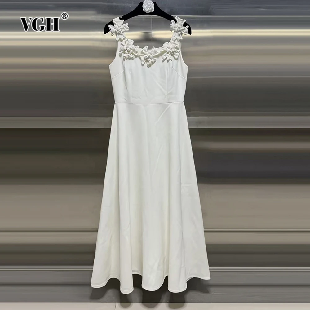 

VGH Solid Patchwork Appliques Dresses For Women Square Collar Sleeveless Backless High Waist Spliced Zipper Long Dress Female