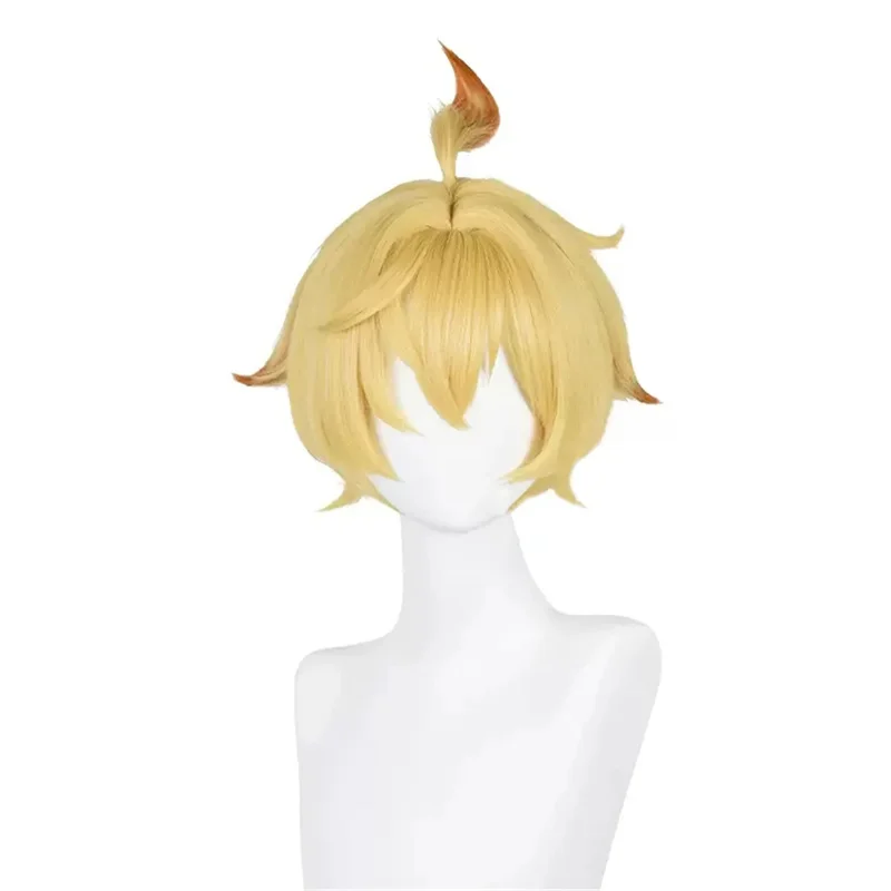 Genshin Impact-Peluca de Cosplay Mika, pelo corto dorado, resistente al calor, sintético, accesorios para fiesta de Halloween, 30cm