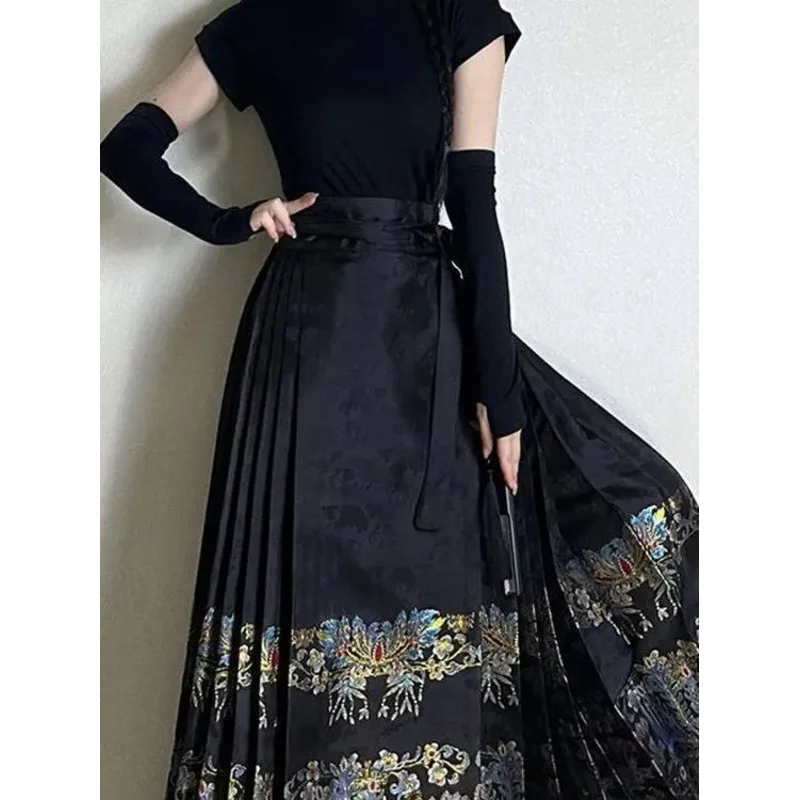 

Chinese Style Traditional Pleated Skirt For Women Black Mamianqun Hanfu Thin Fashion All-match DIY Lace-up Long Skirts Womenwear