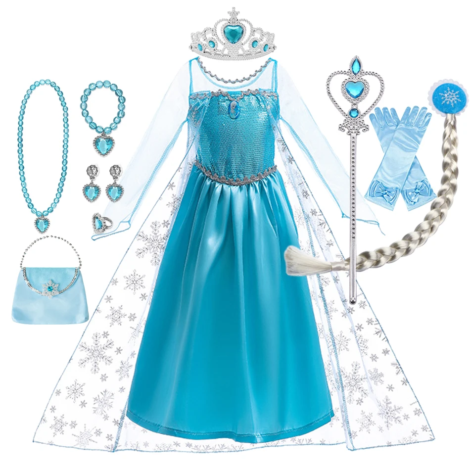 Disney Frozen Girls Elsa Princess Dress Carnival Party Birthday Snow Queen Cosplay Costume Kids Clothes