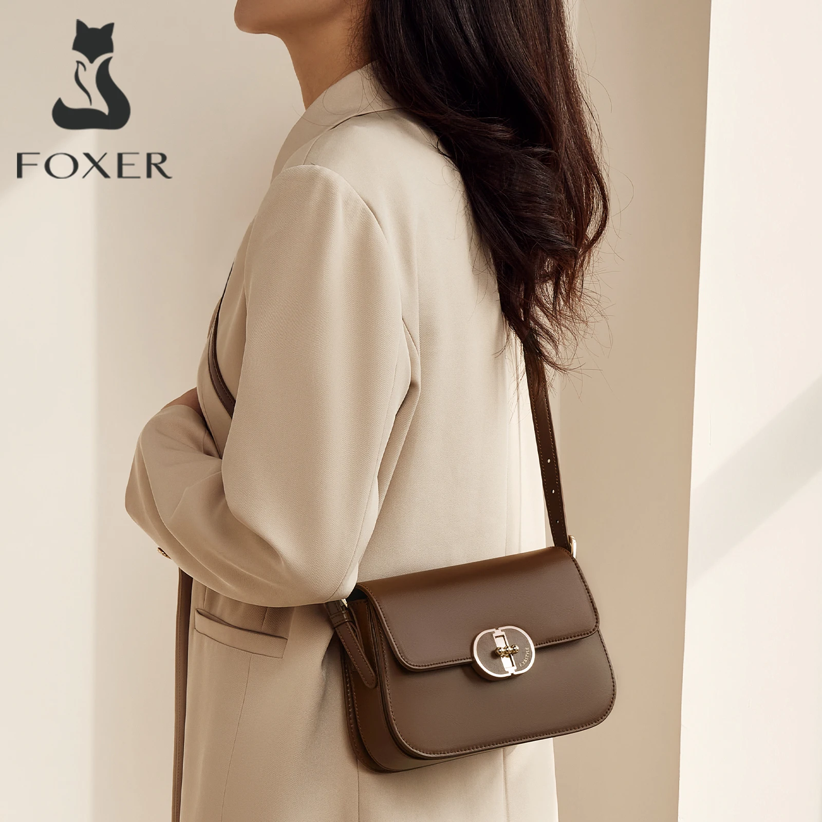 FOXER Cowhide Leather Women's Shoulder Bag 2026 Retro Female Crossbody Bag Luxury Design Large Flap Bag Purse