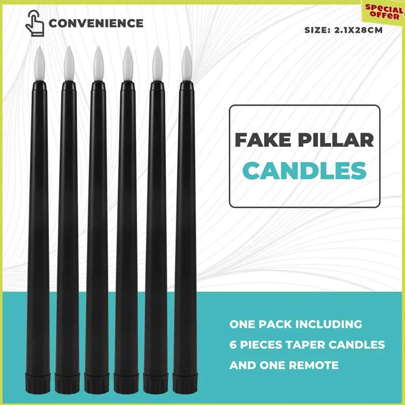 

A34R Pack Of 6 Remote Halloween Taper Candles,Black Color Flameless Fake Pillar Candles,Battery Candles With Contain