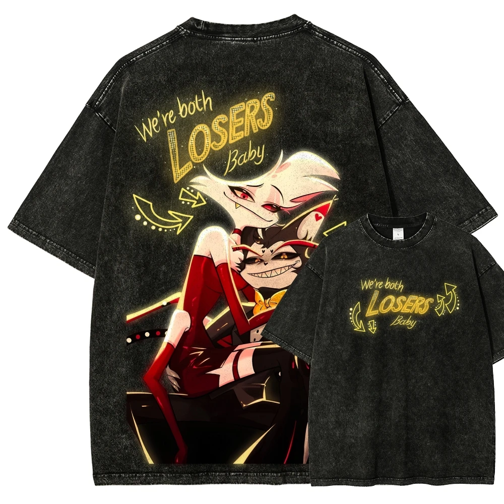 Vintage Washed Oversized T-shirt Hazbin Hotel Graphic Men Women Heavy Cotton Street Crew Neck Short Sleeve Female Male Clothing